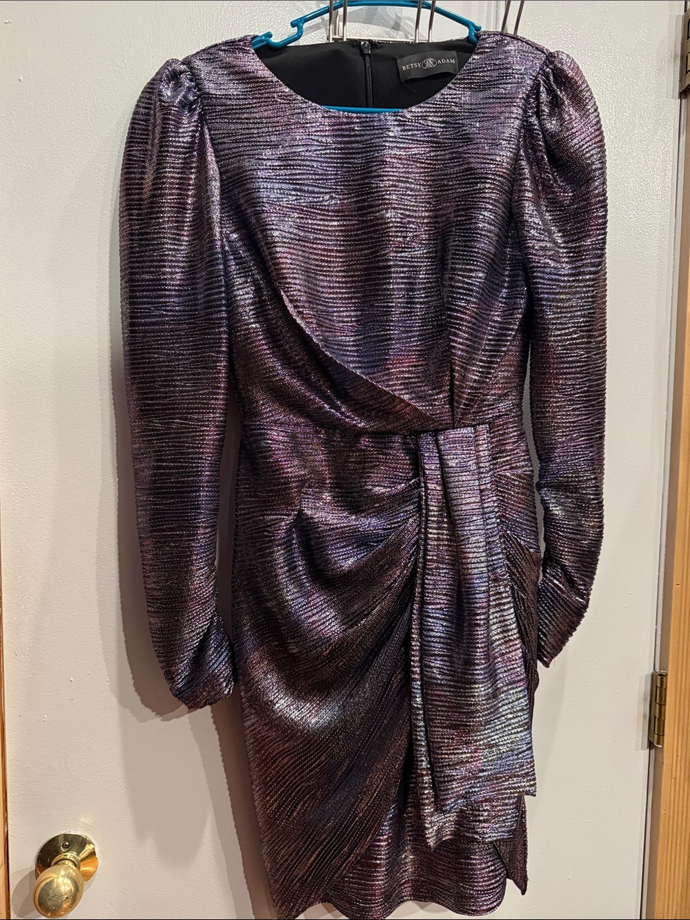 Betsey Johnson Iridescent Purple Long-Sleeve Draped Cocktail Dress